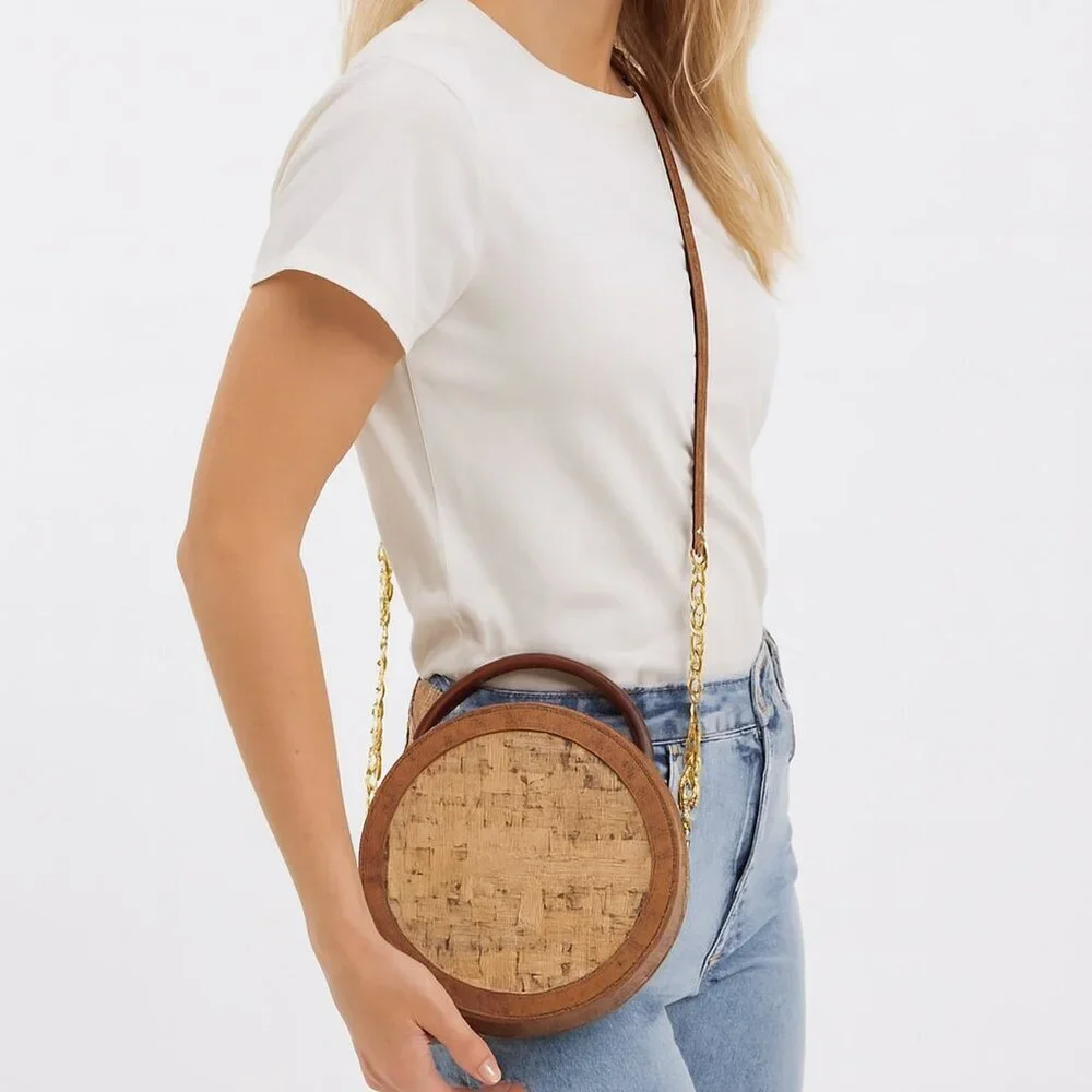 Anne Klein Brown And Gold Cork Circle Round Crossbody Bag